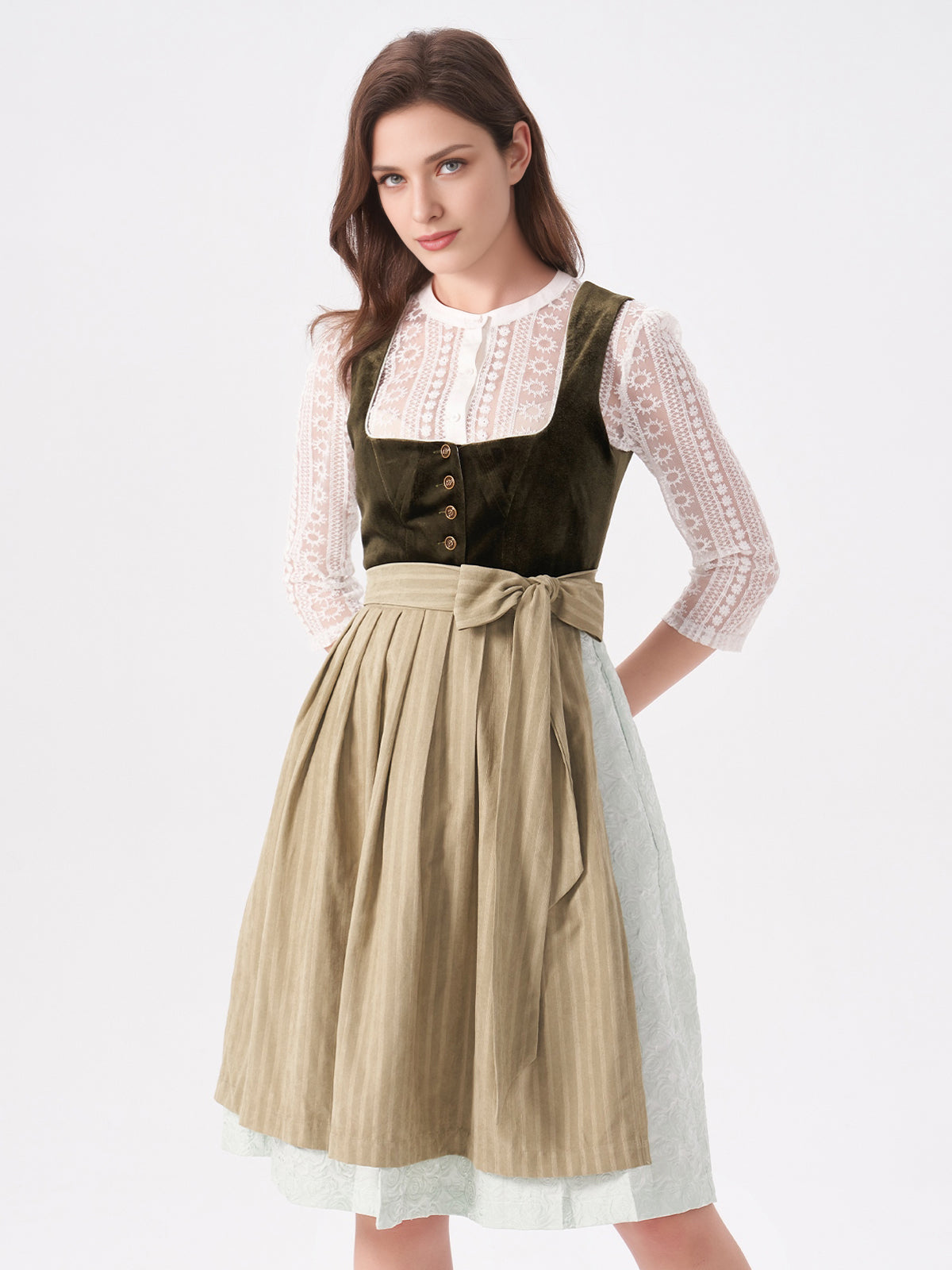 Damen Grün Zwei verdeckte Eingriffstaschen Floralem Muster Dirndl NICOLE