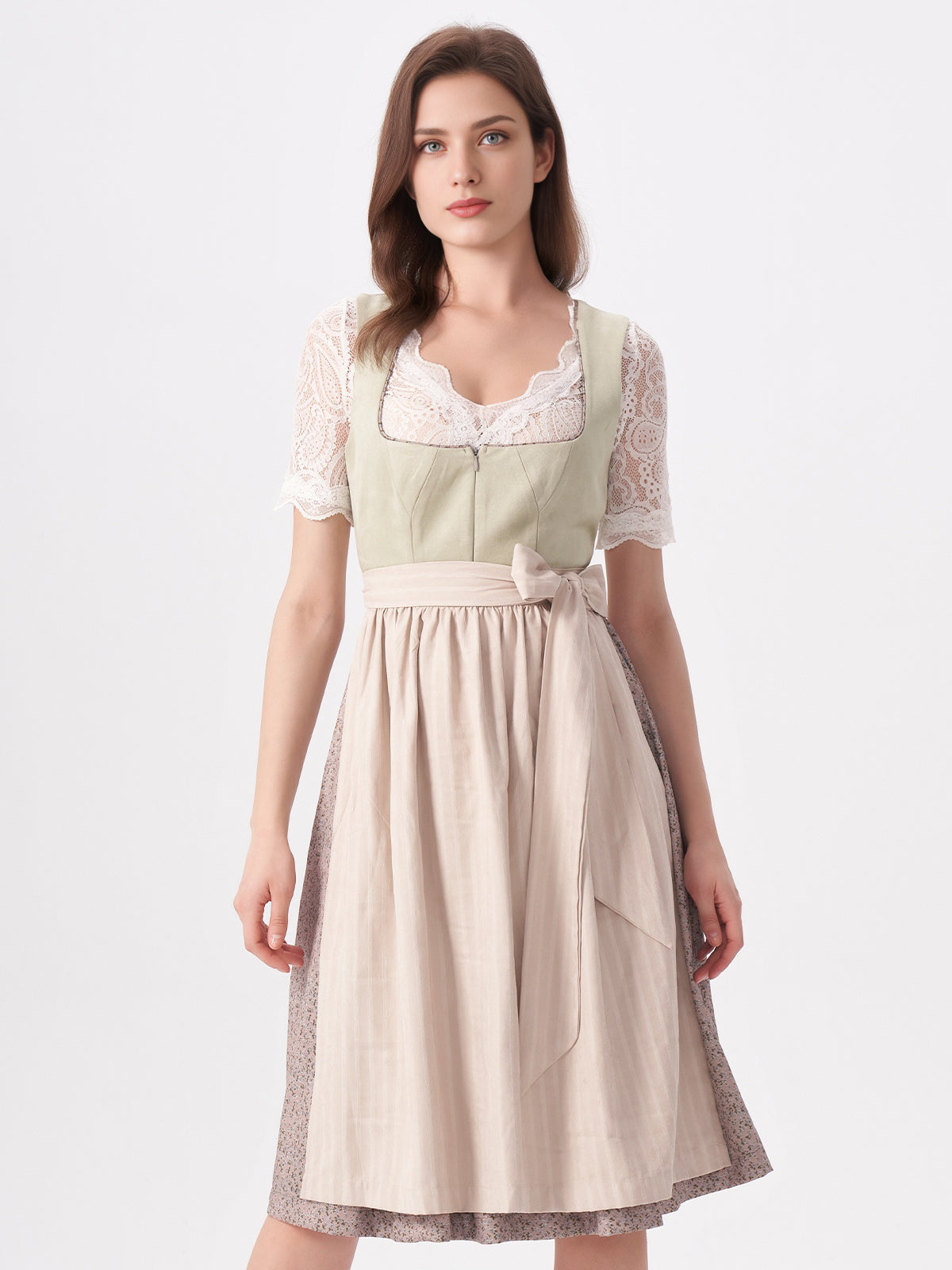 Damen Grün Zwei verdeckte Eingriffstaschen Floralem Muster Dirndl NILA