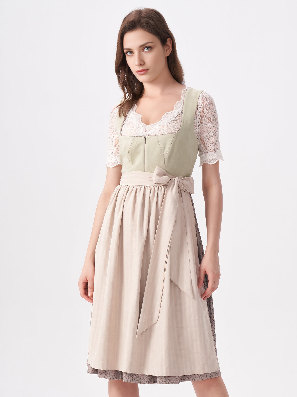 Damen Grün Zwei verdeckte Eingriffstaschen Floralem Muster Dirndl NILA