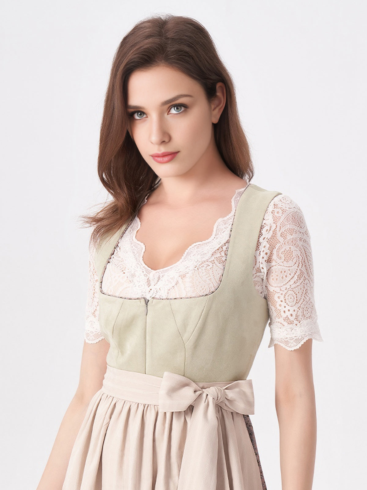 Damen Grün Zwei verdeckte Eingriffstaschen Floralem Muster Dirndl NILA