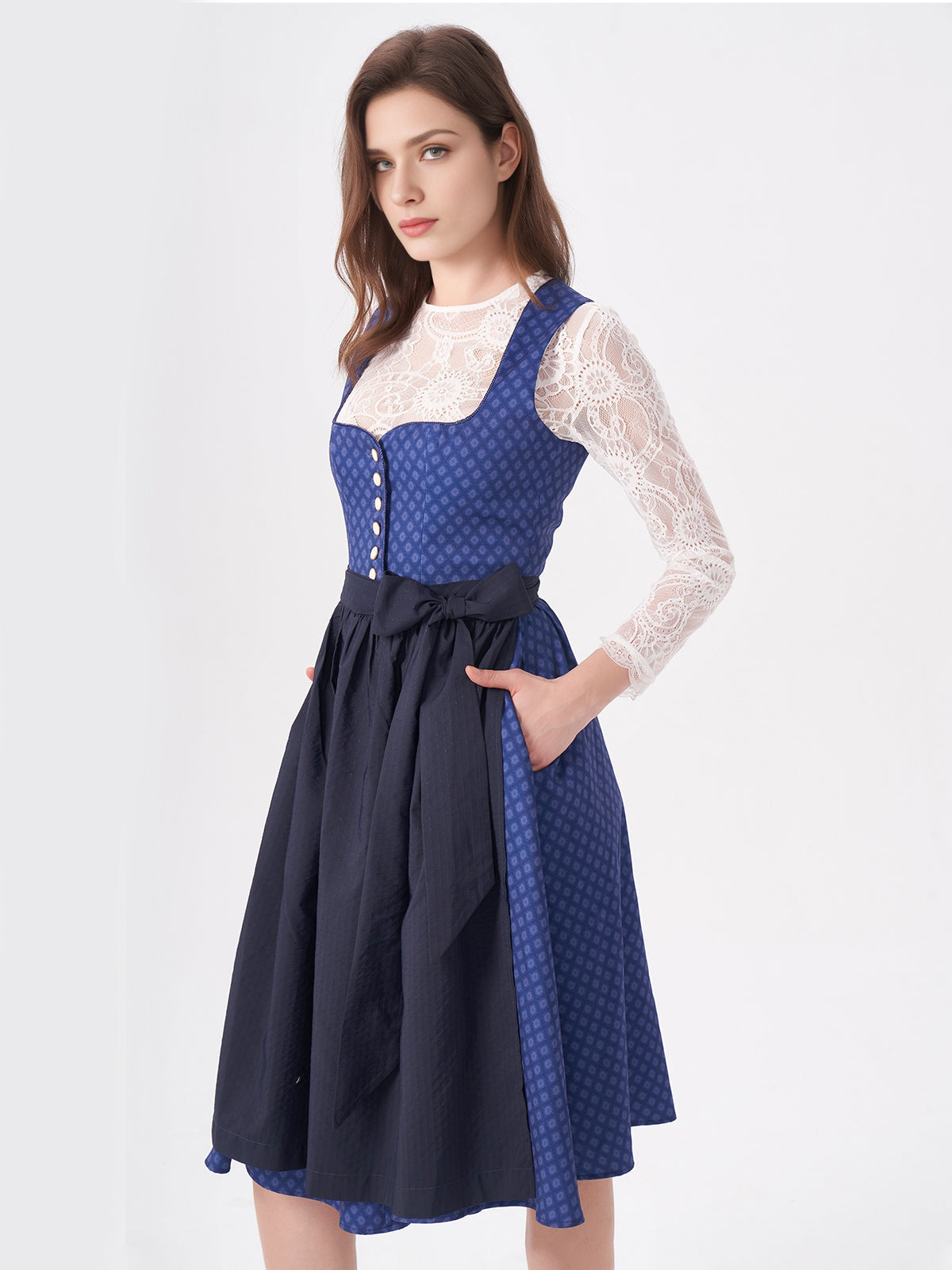 Damen Blau Zwei verdeckte Eingriffstaschen Geometrische Muster Dirndl DANIELA