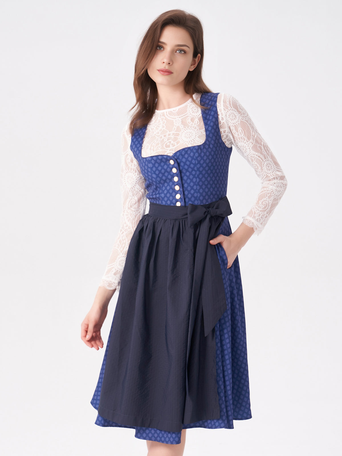 Damen Blau Zwei verdeckte Eingriffstaschen Geometrische Muster Dirndl DANIELA