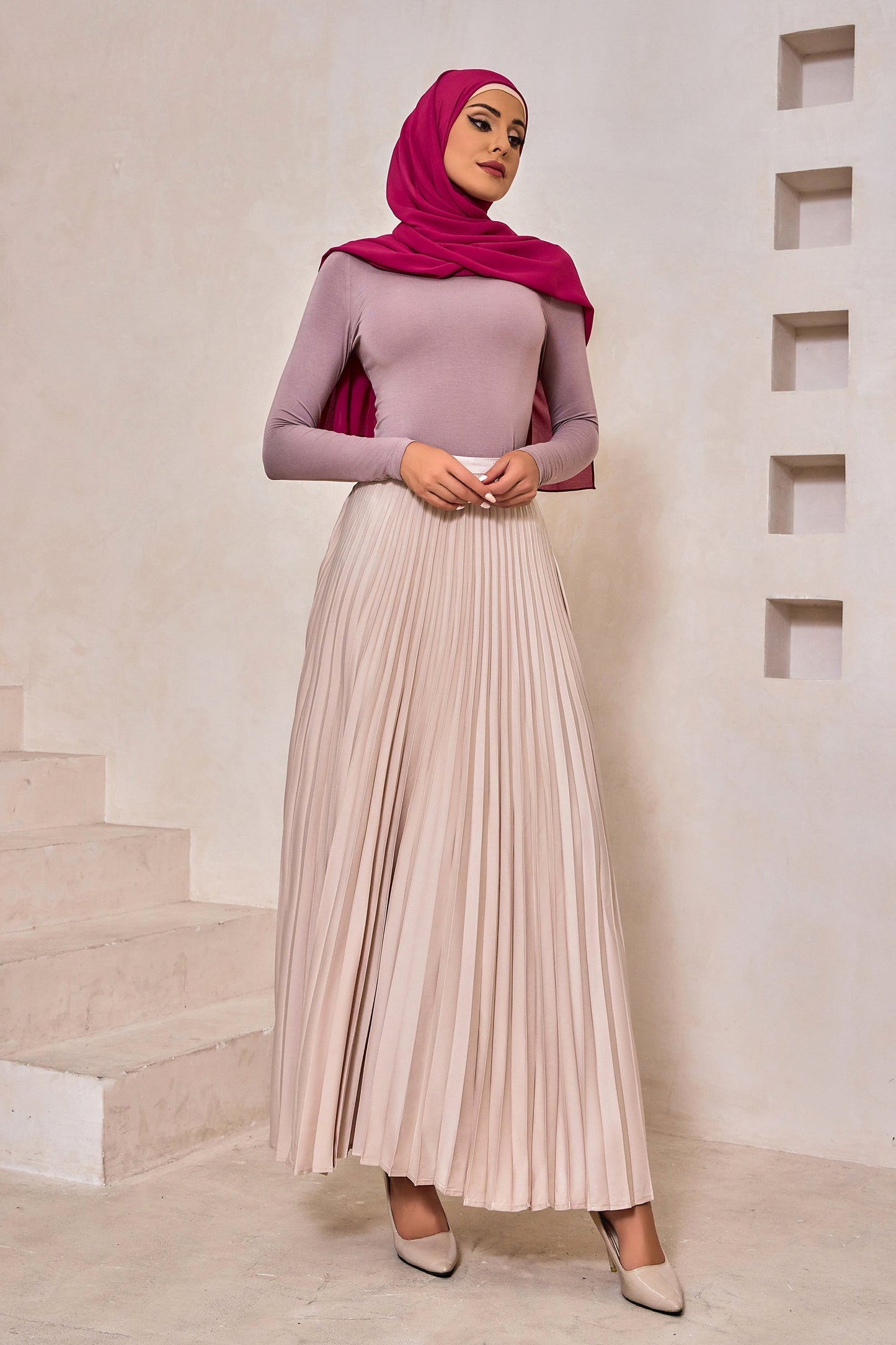 Champagne Satin Pleated Maxi Skirt