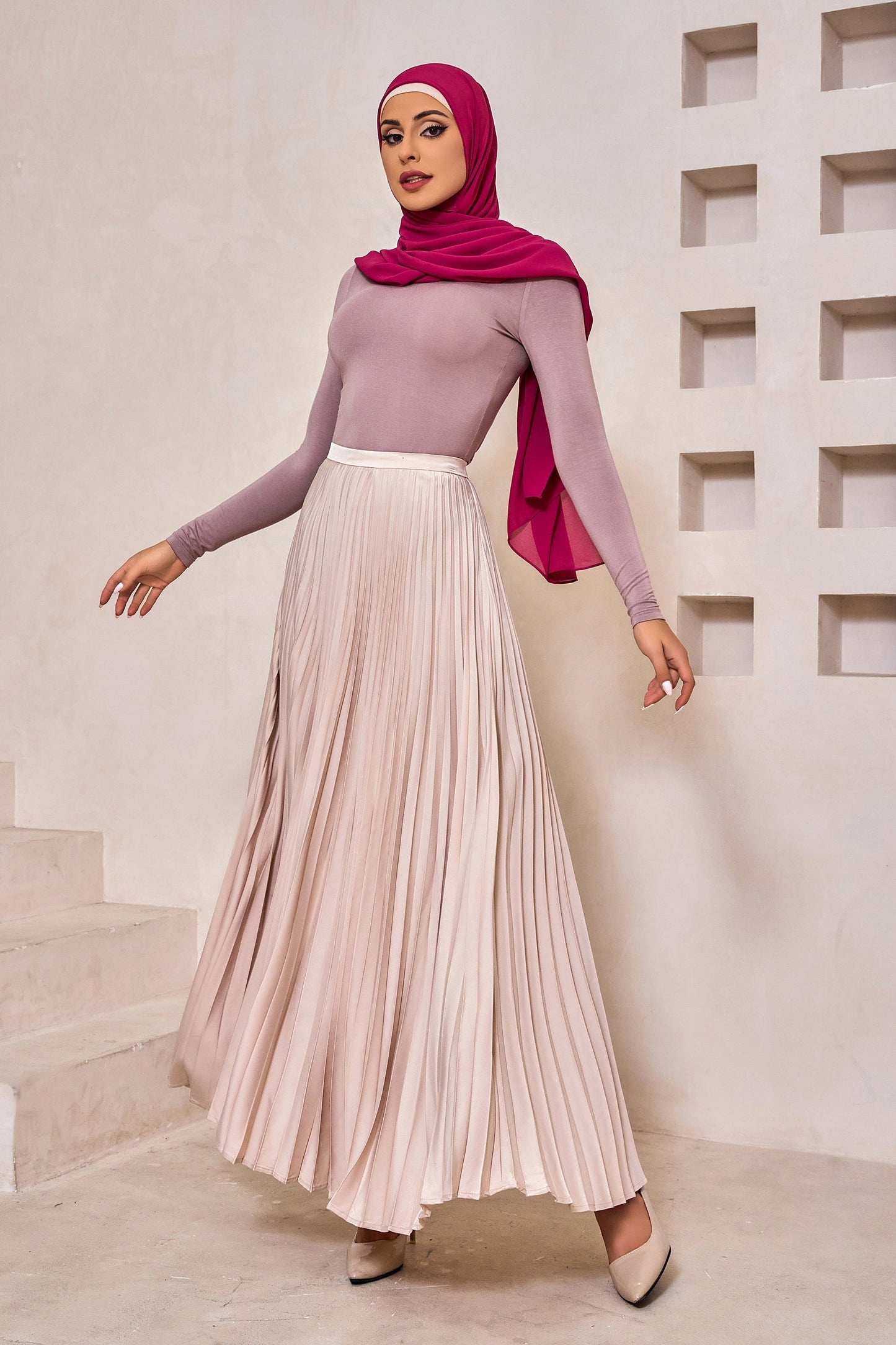 Champagne Satin Pleated Maxi Skirt