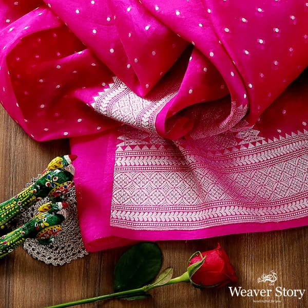 Handwoven Bnaarsi organza dupatta in hot pink with silver zari weave