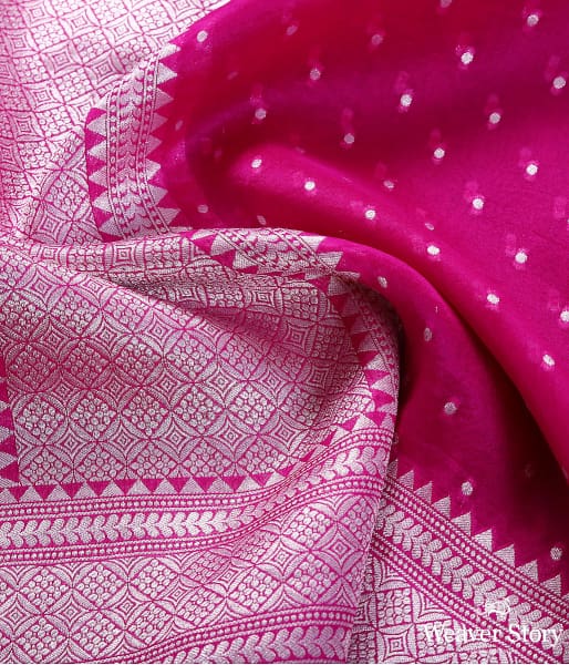 Handwoven Bnaarsi organza dupatta in hot pink with silver zari weave