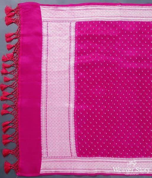 Handwoven Bnaarsi organza dupatta in hot pink with silver zari weave