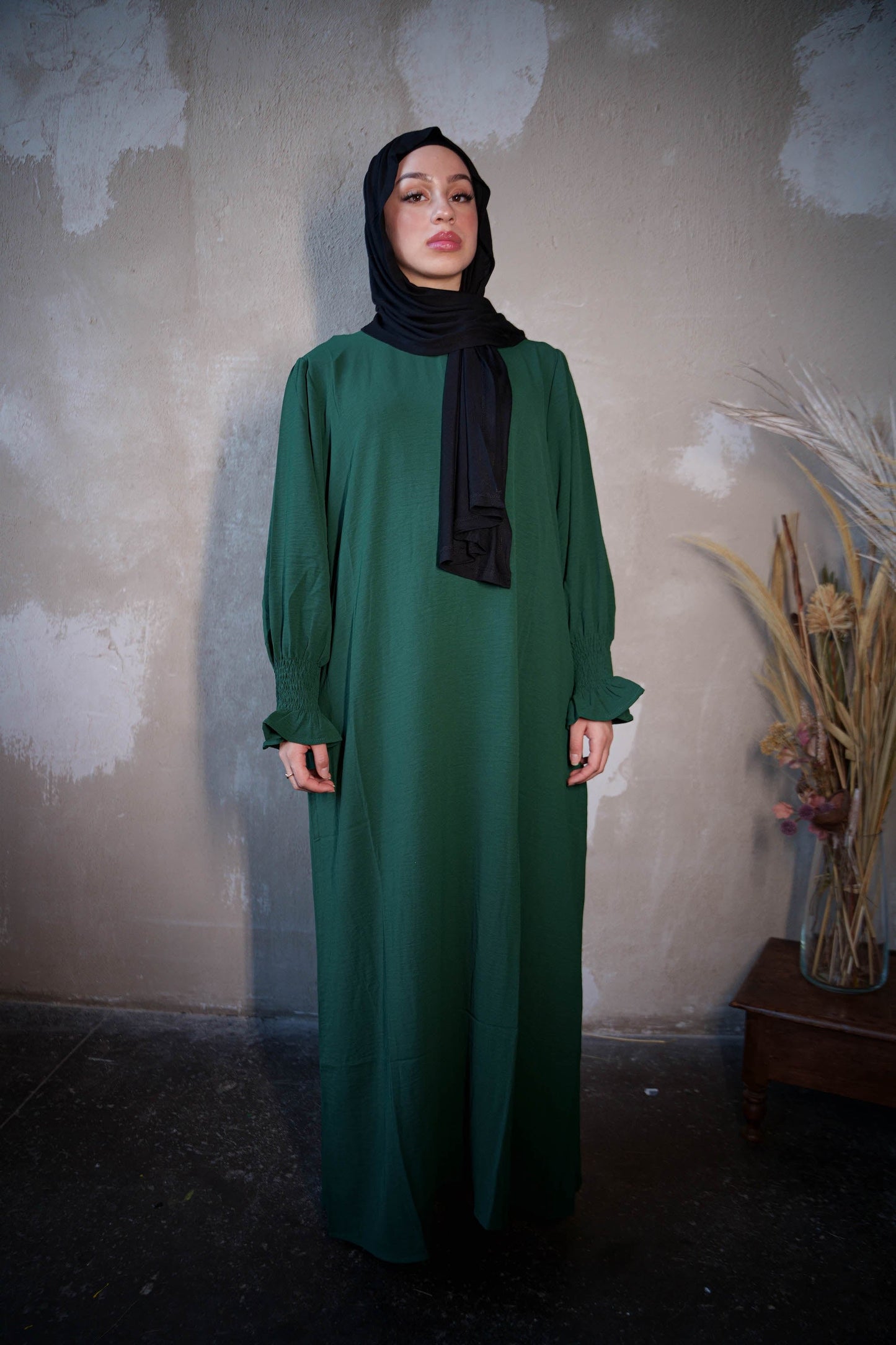 Dark Green Ruched Cuff Bell Sleeves Abaya Maxi Dress