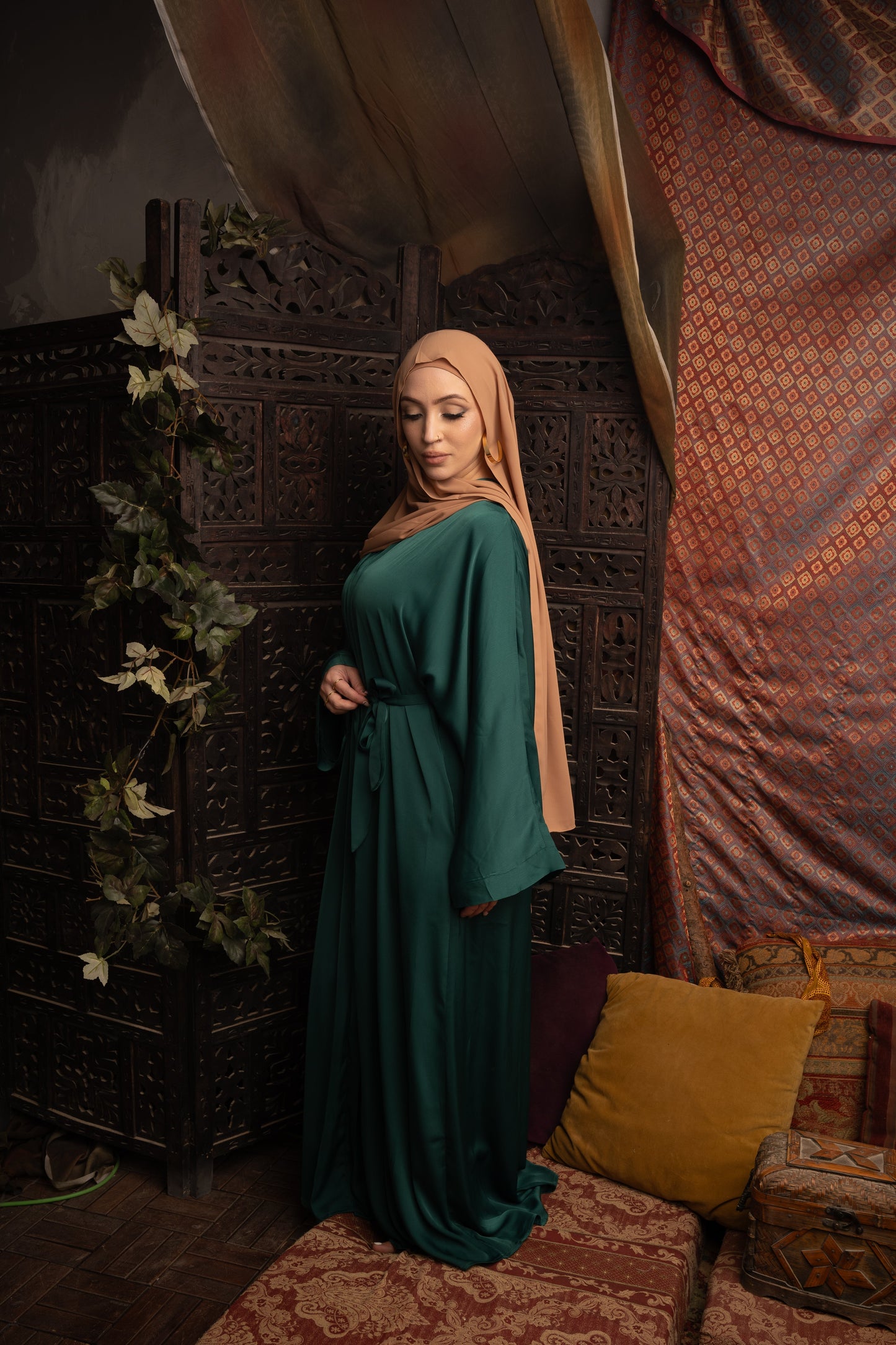 Dark Green Sleeveless Dress and Open Abaya Set