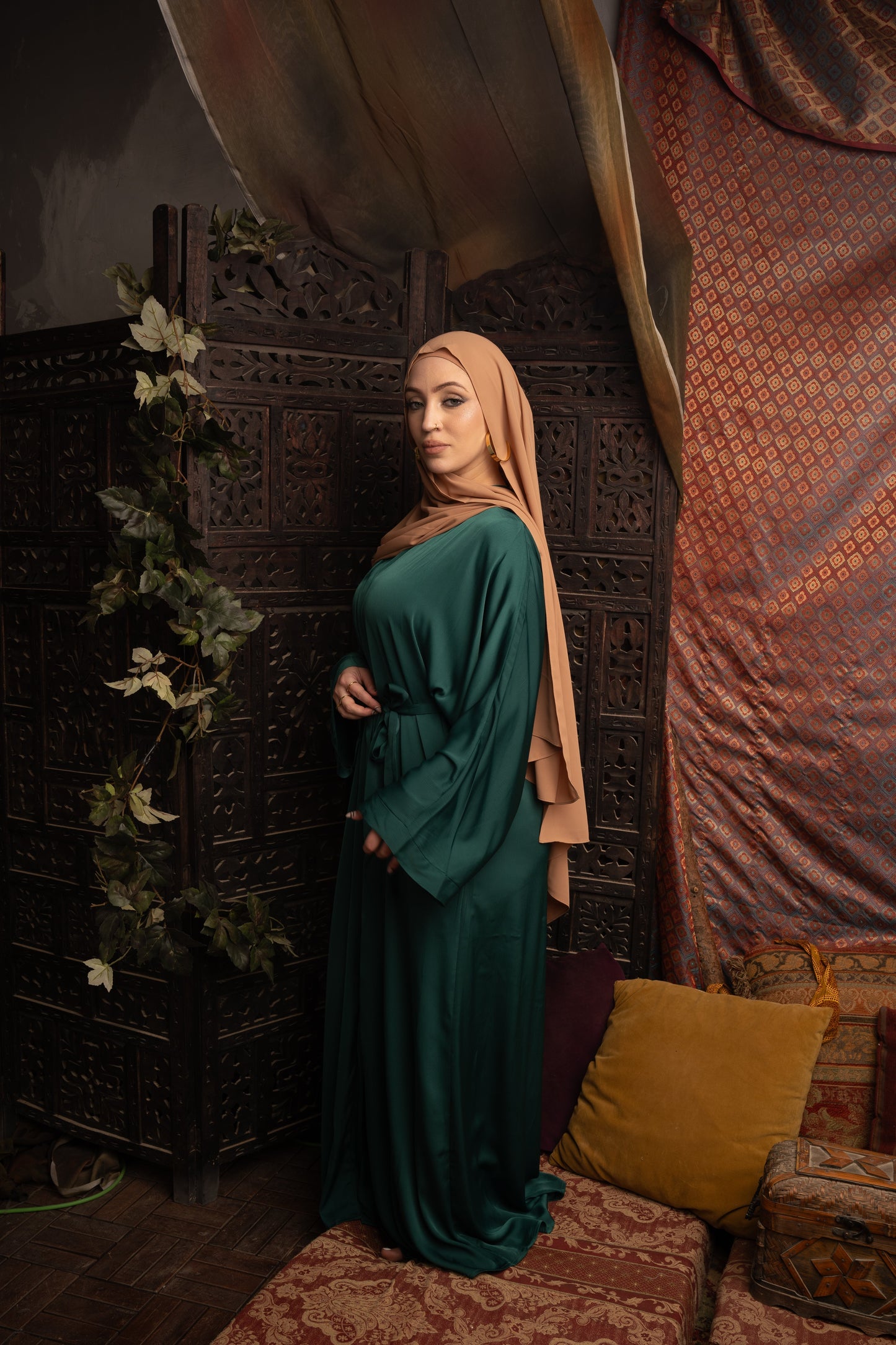 Dark Green Sleeveless Dress and Open Abaya Set