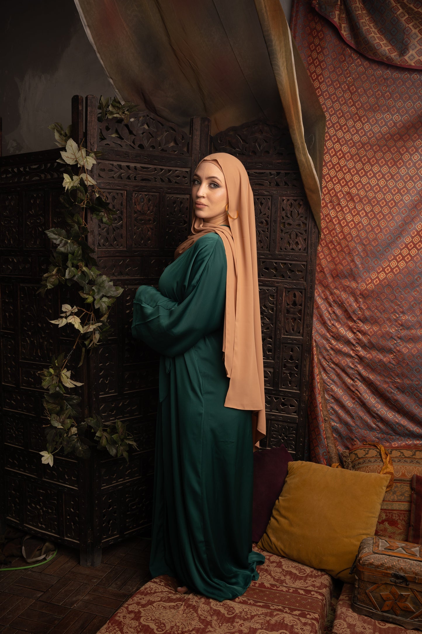 Dark Green Sleeveless Dress and Open Abaya Set