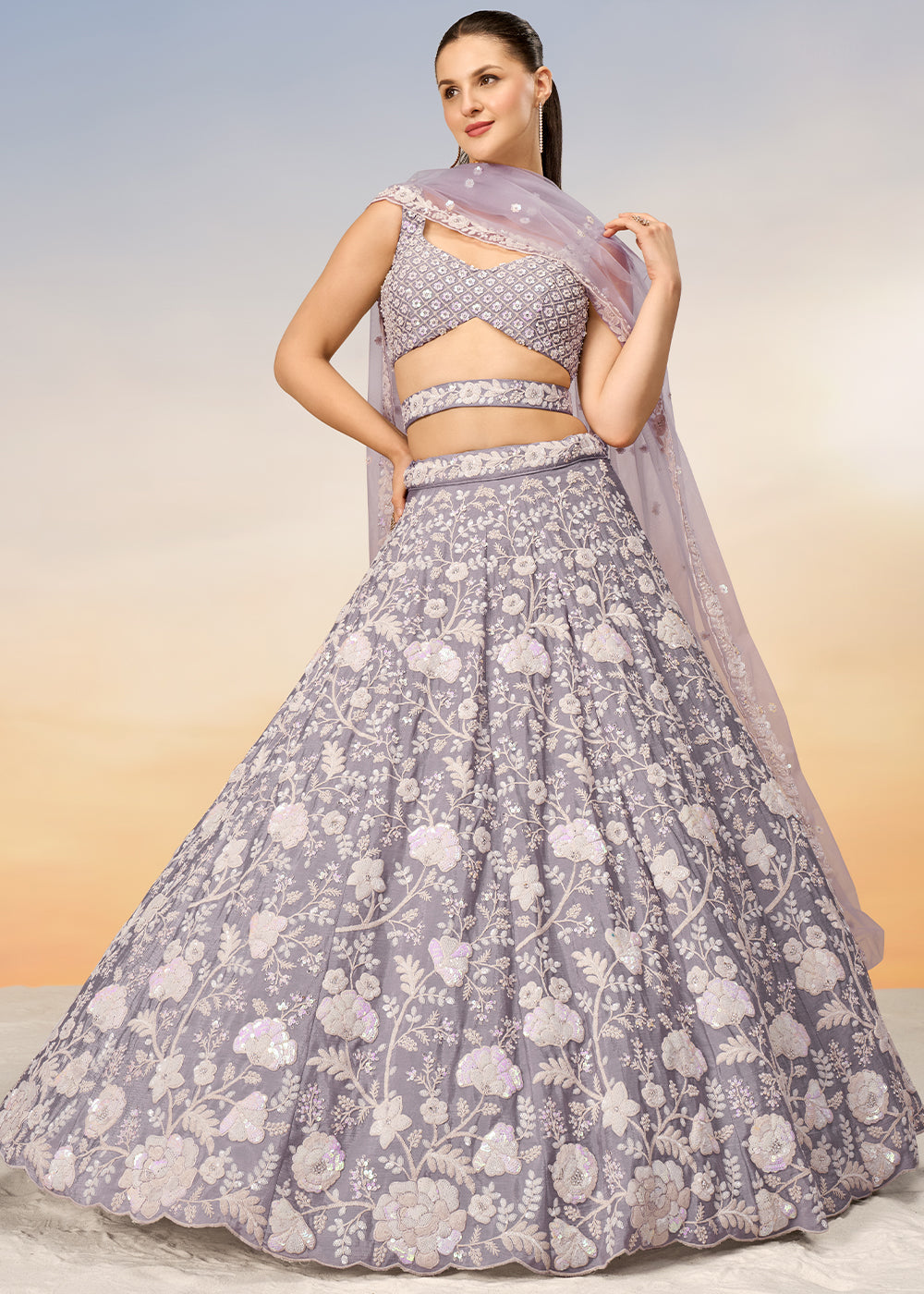 Floral Mauve Purple Georgette Lehenga Choli with Sequins & Zarkan Embroidery work