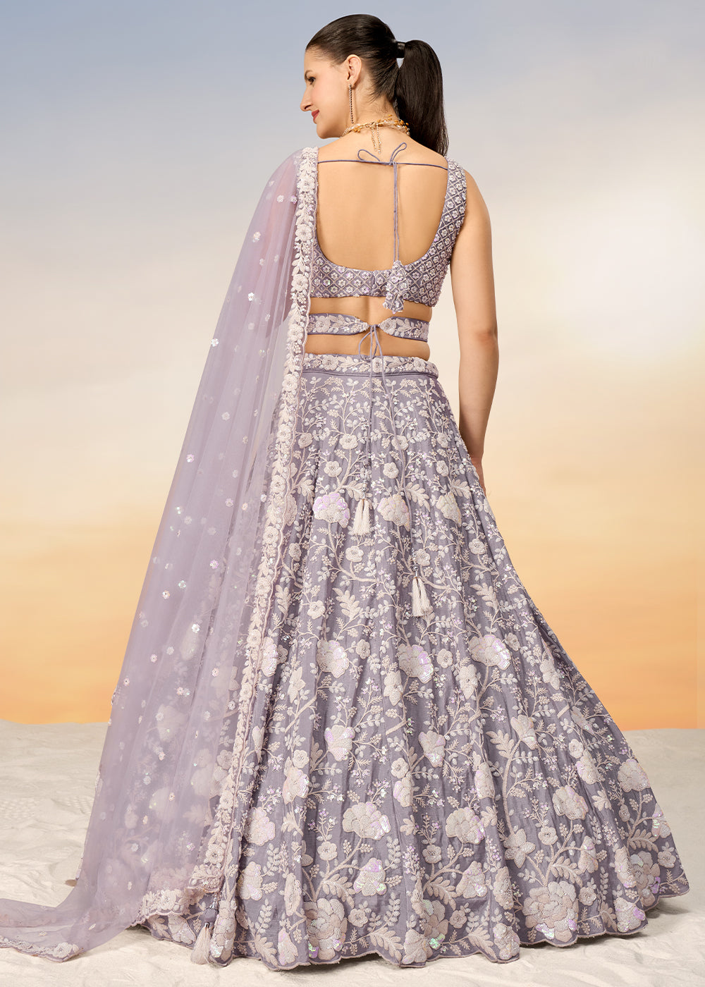 Floral Mauve Purple Georgette Lehenga Choli with Sequins & Zarkan Embroidery work