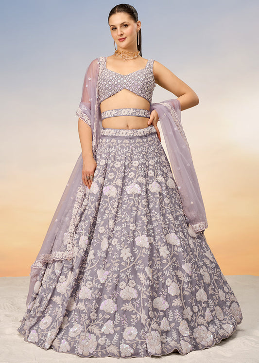 Floral Mauve Purple Georgette Lehenga Choli with Sequins & Zarkan Embroidery work