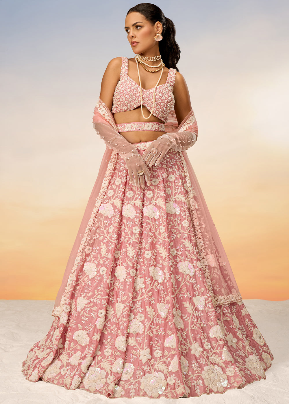 Flamingo Pink Georgette Lehenga Choli with Sequins & Zarkan Embroidery work