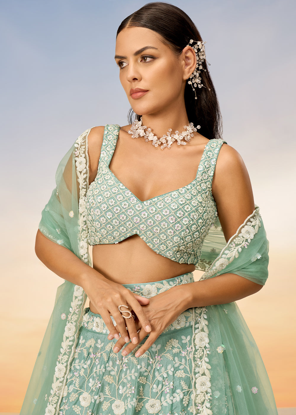 Sea Green Georgette Lehenga Choli with Sequins & Zarkan Embroidery work