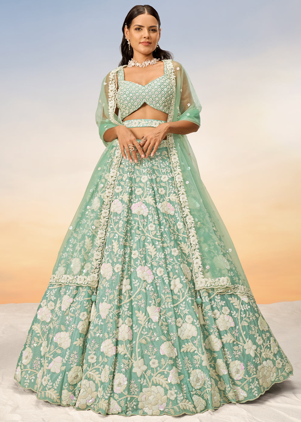 Sea Green Georgette Lehenga Choli with Sequins & Zarkan Embroidery work