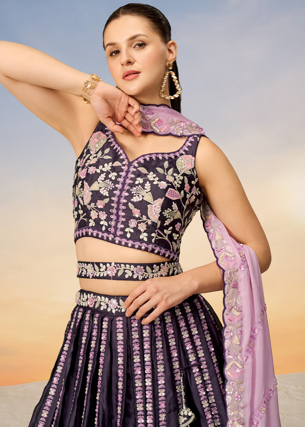 Raisin Purple Satin Lehenga Choli with Sequins & Zarkan Embroidery work