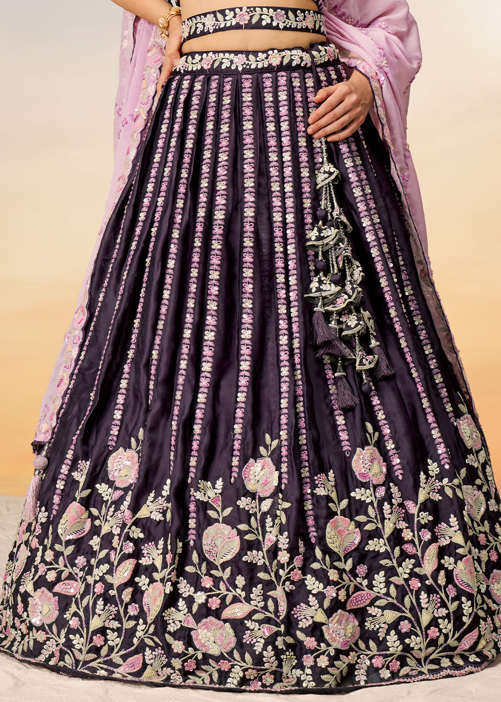 Raisin Purple Satin Lehenga Choli with Sequins & Zarkan Embroidery work