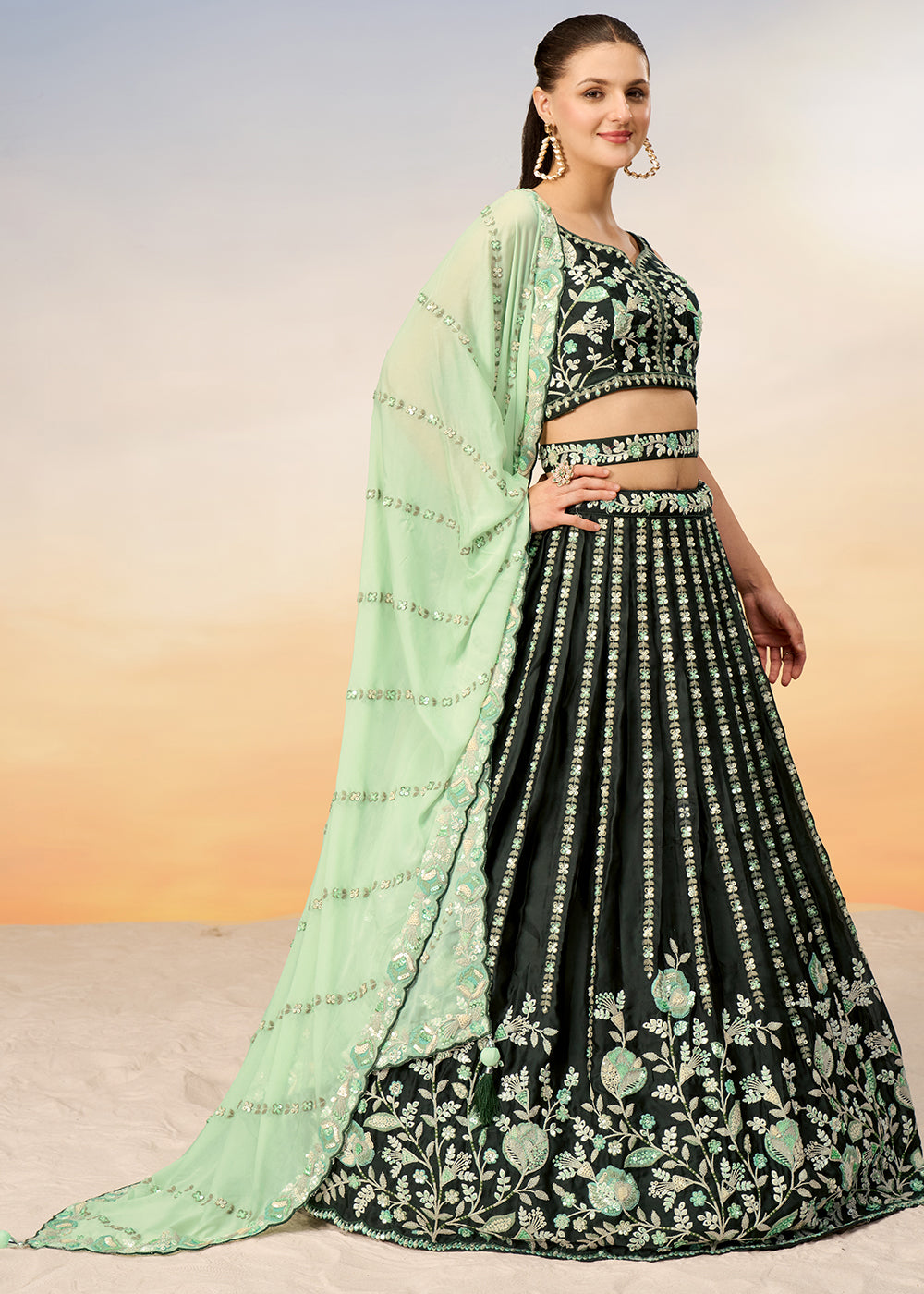 Shades Of Green Satin Lehenga Choli with Heavy Sequins Embroidery work