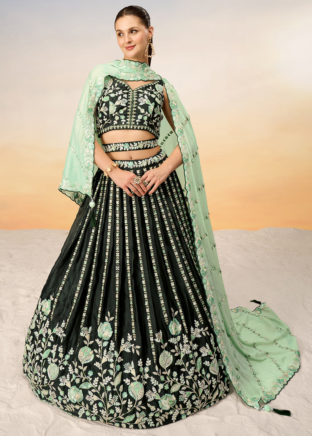 Shades Of Green Satin Lehenga Choli with Heavy Sequins Embroidery work