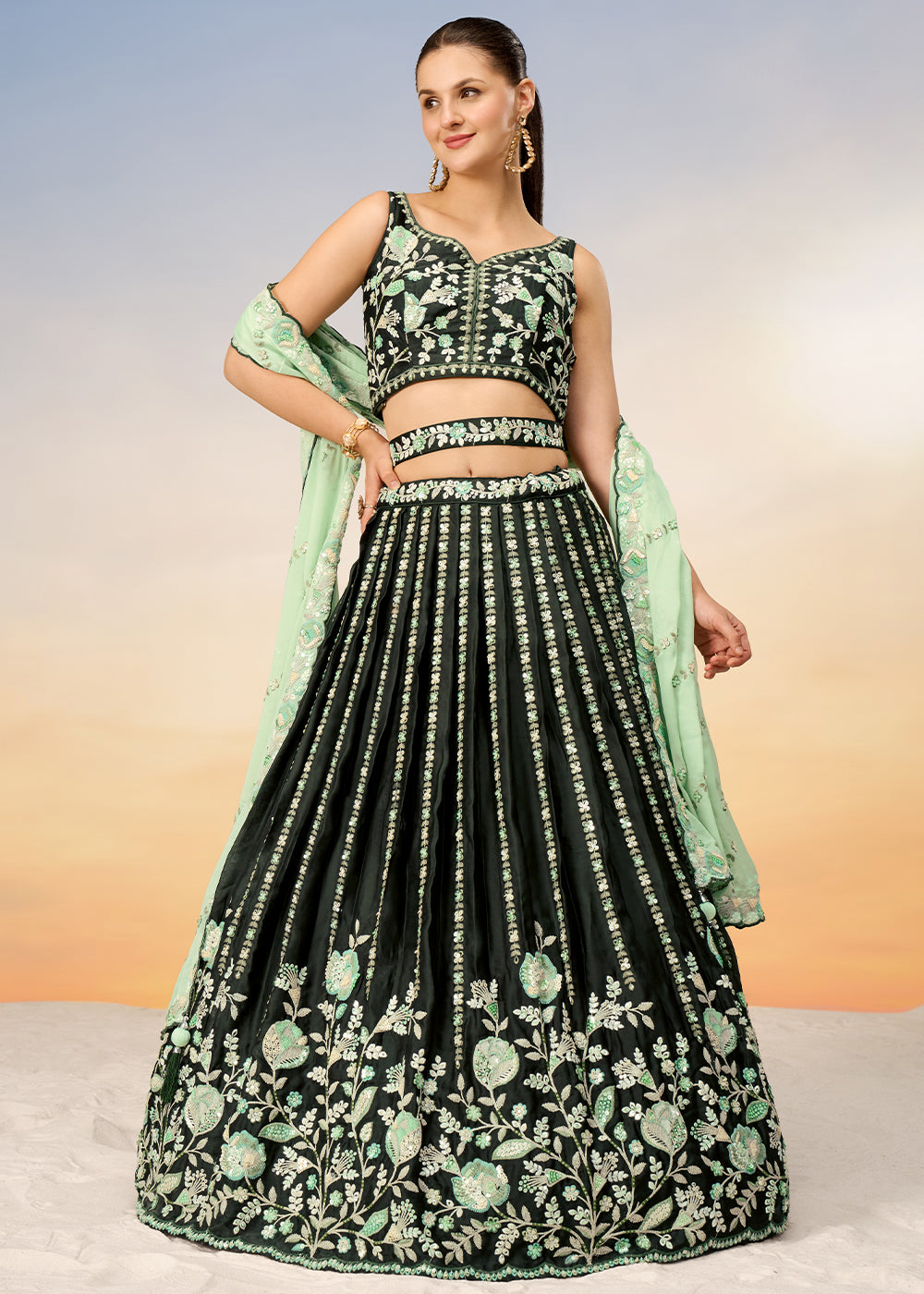 Shades Of Green Satin Lehenga Choli with Heavy Sequins Embroidery work