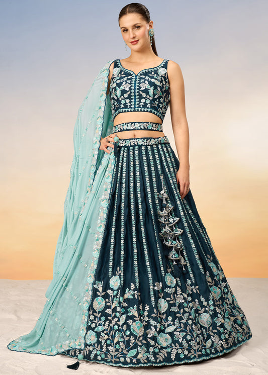 Teal Green Satin Lehenga Choli with Heavy Sequins Embroidery work