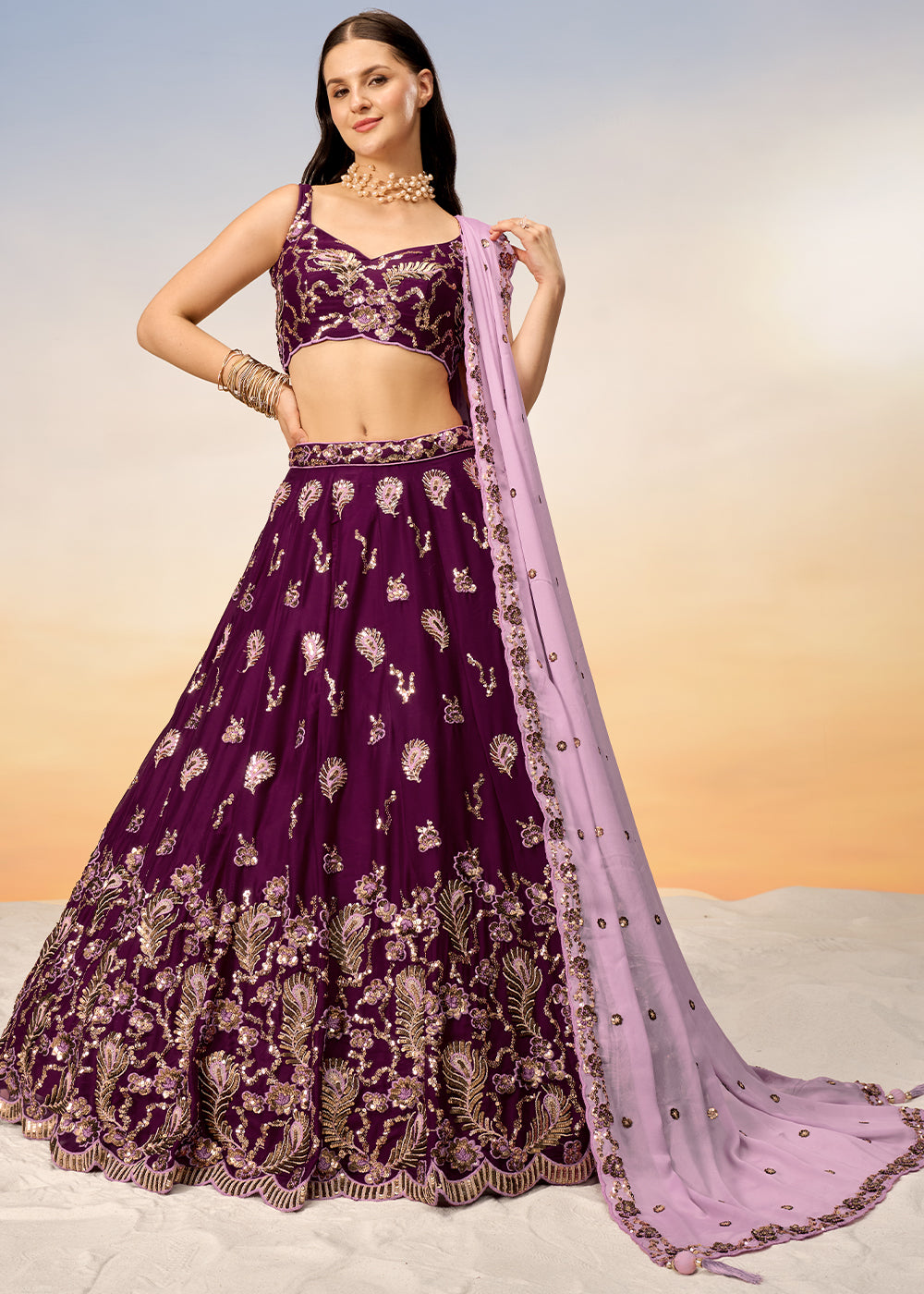 Sangria Purple Georgette Lehenga Choli with Heavy Sequins Embroidery work