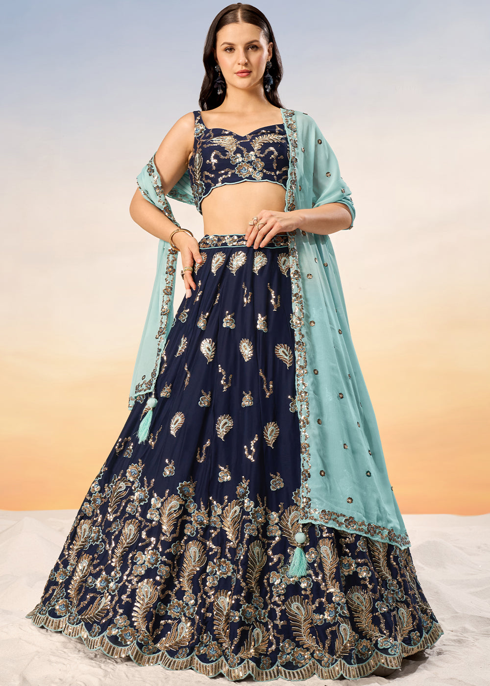 Navy Blue Georgette Lehenga Choli with Heavy Sequins Embroidery work