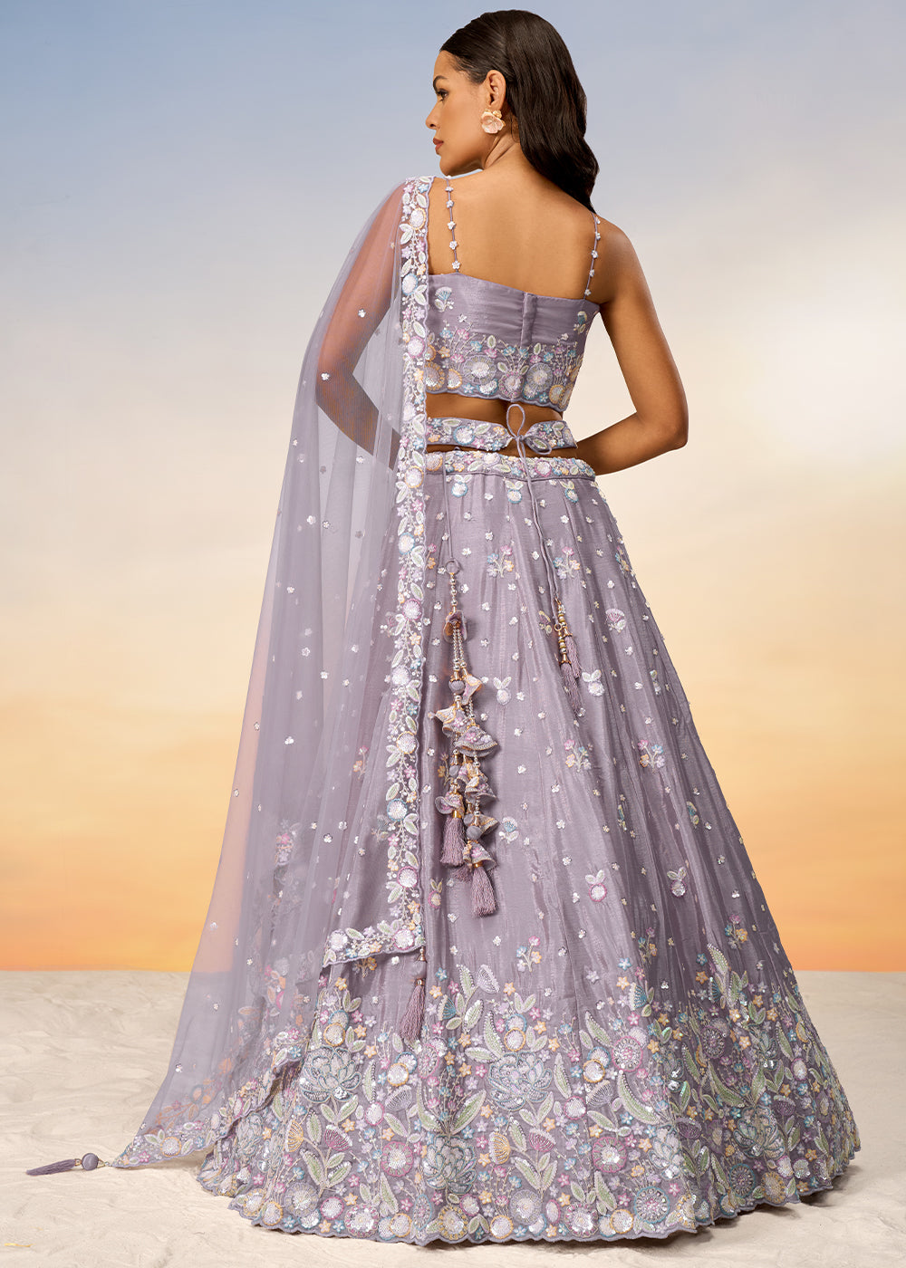 Mauve Purple Chiffon Lehenga Choli with Sequins & Thread Embroidery work