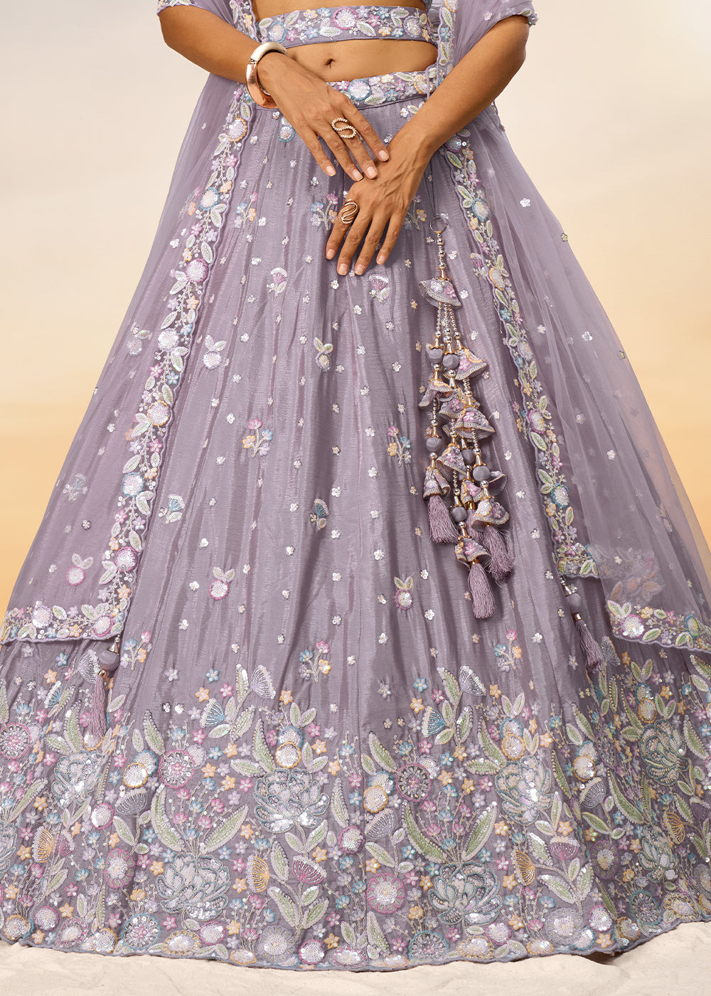 Mauve Purple Chiffon Lehenga Choli with Sequins & Thread Embroidery work