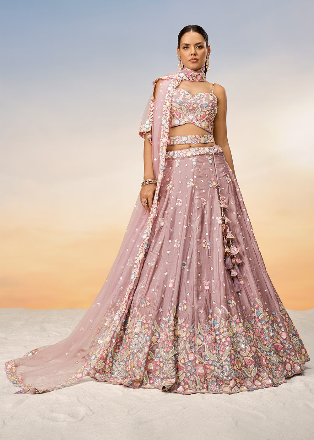 Rose Gold Pink Chiffon Lehenga Choli with Sequins & Thread Embroidery work