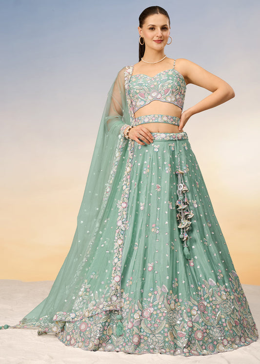 Light Sea Green Chiffon Lehenga Choli with Sequins & Thread Embroidery work