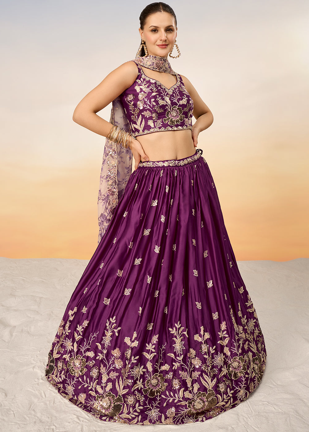 Tyrian Purple Chiffon Lehenga Choli with Sequins work