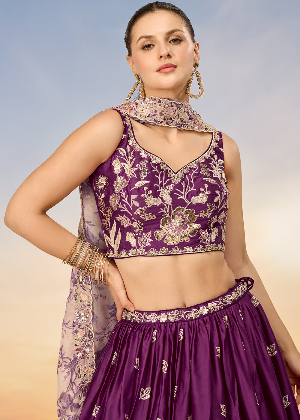 Tyrian Purple Chiffon Lehenga Choli with Sequins work