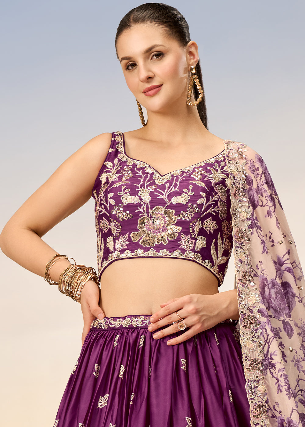 Tyrian Purple Chiffon Lehenga Choli with Sequins work