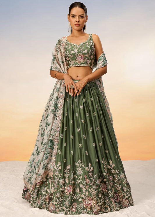 Olive Green Chiffon Lehenga Choli with Sequins work