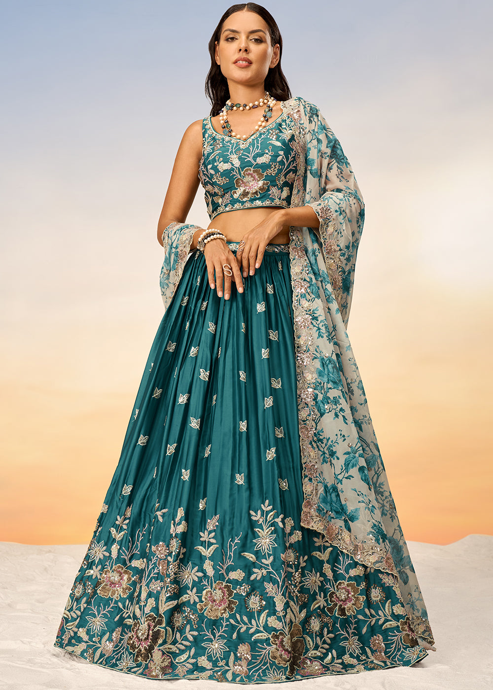 Teal Blue Chiffon Lehenga Choli with Sequins work