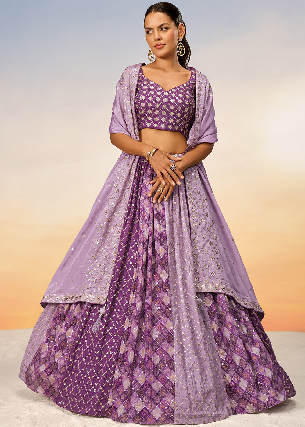 Shades Of Purple Chiffon Lehenga Choli with Sequins work