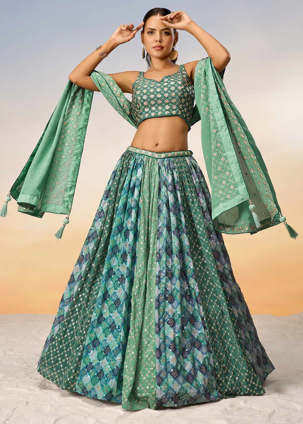 Shades Of Blue & Green Chiffon Lehenga Choli with Sequins work