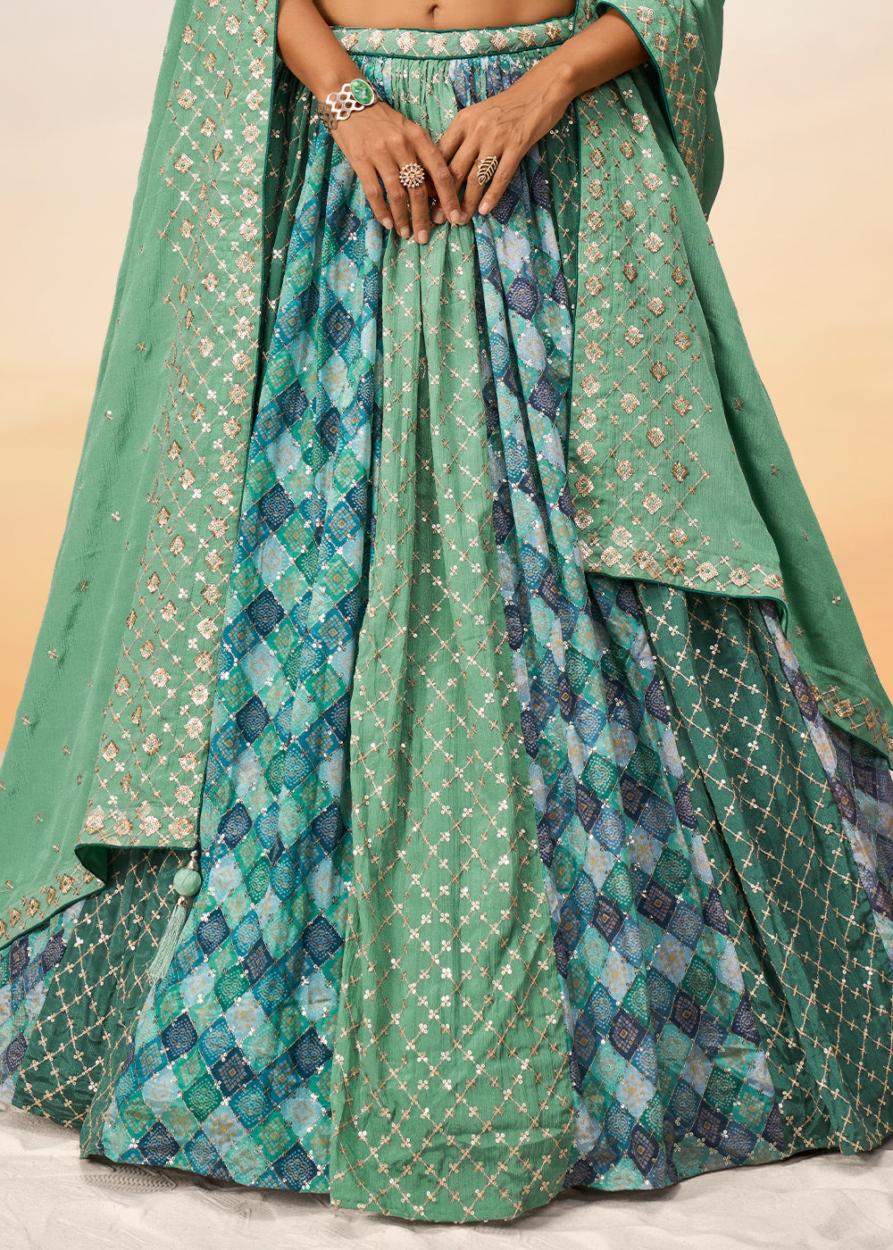 Shades Of Blue & Green Chiffon Lehenga Choli with Sequins work