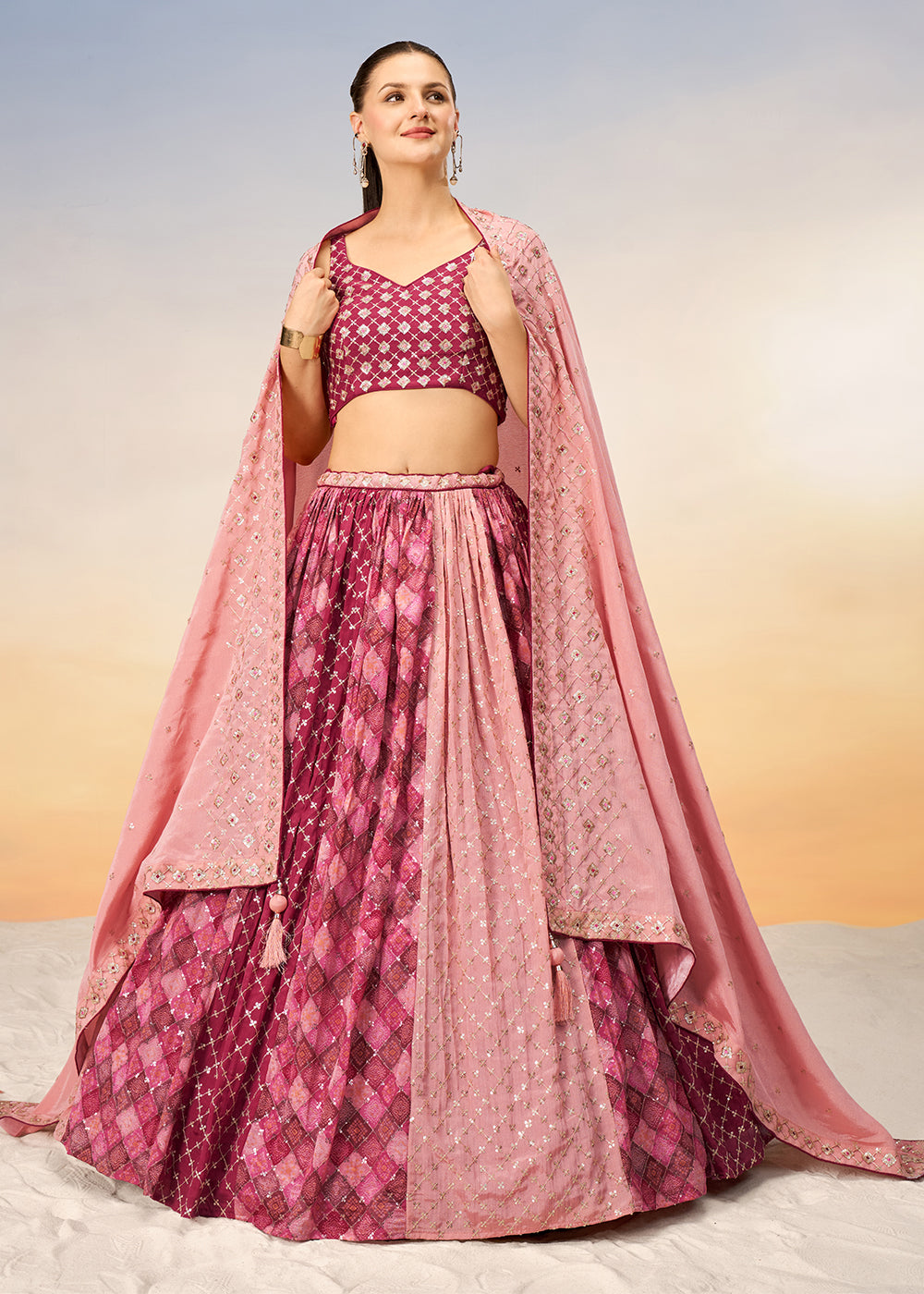 Shades Of Pink Chiffon Lehenga Choli with Sequins work