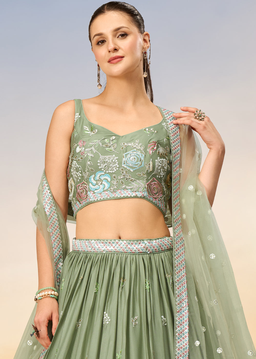 Lime Green Georgette Lehenga Choli with Sequins work