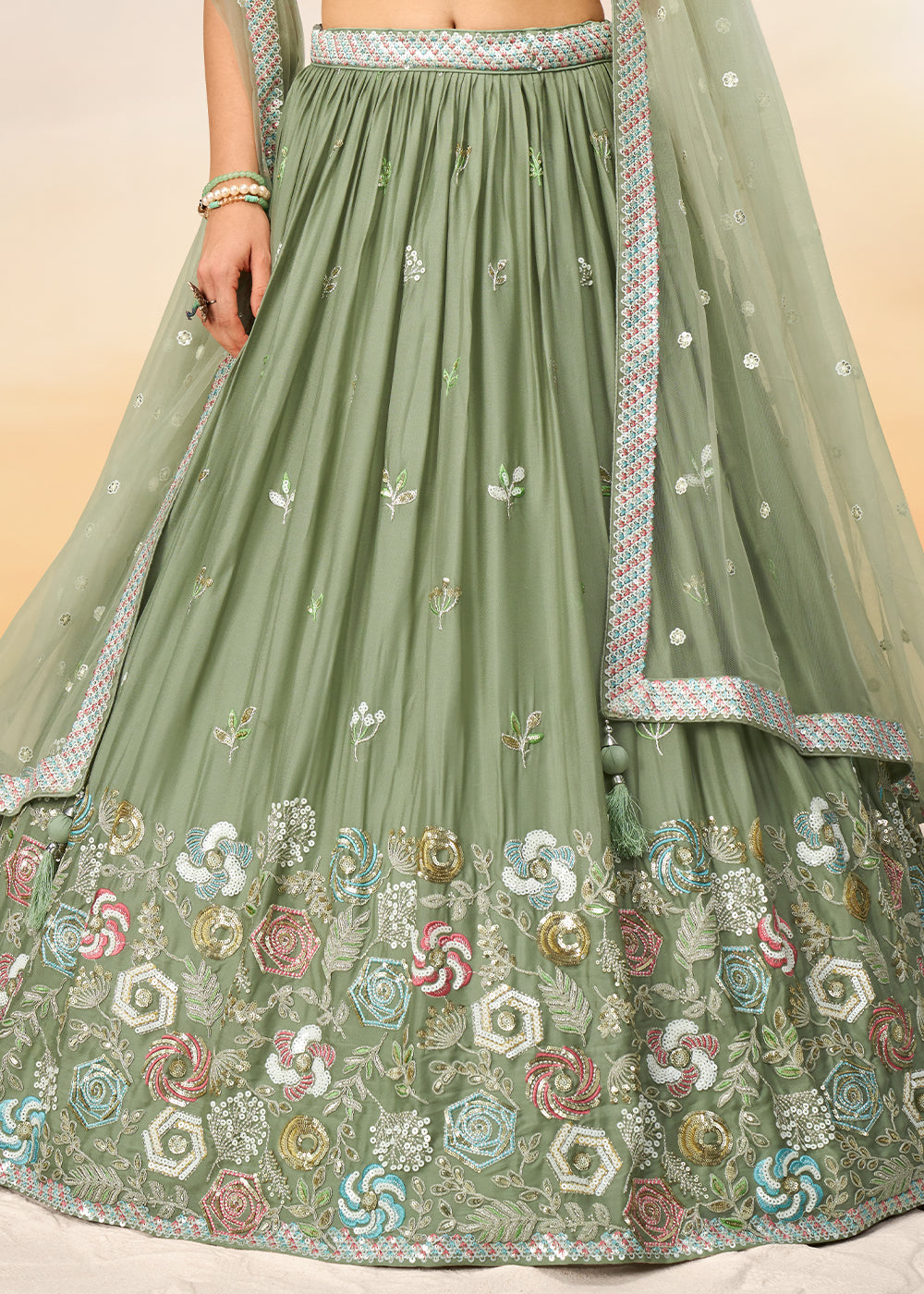 Lime Green Georgette Lehenga Choli with Sequins work