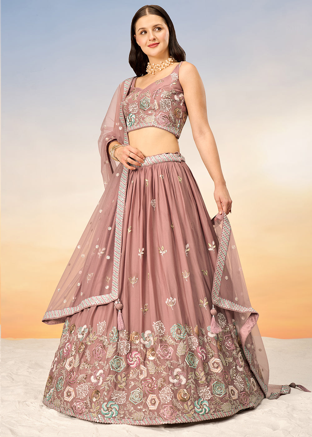 Dark Rose Gold Pink Georgette Lehenga Choli with Sequins work