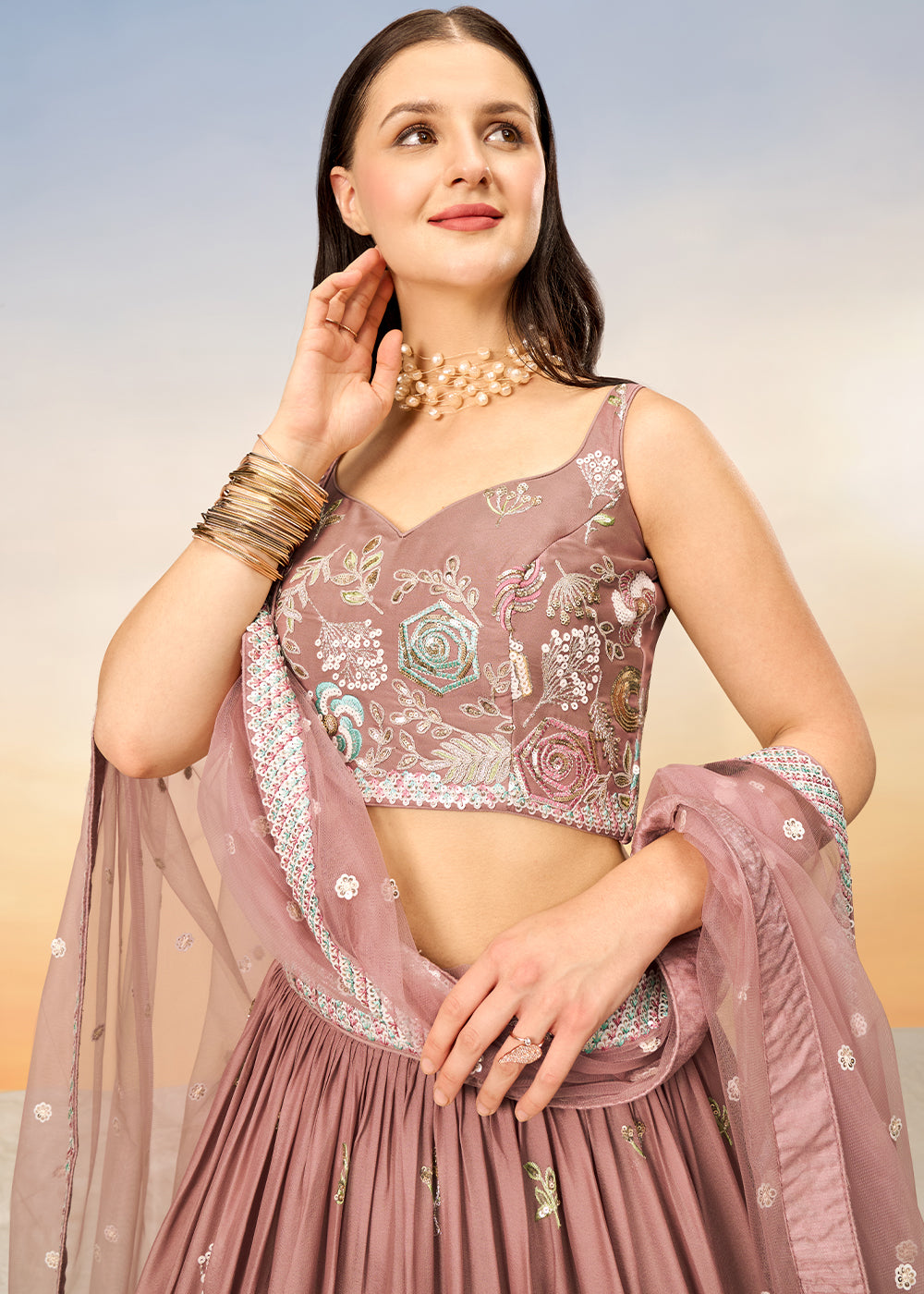 Dark Rose Gold Pink Georgette Lehenga Choli with Sequins work