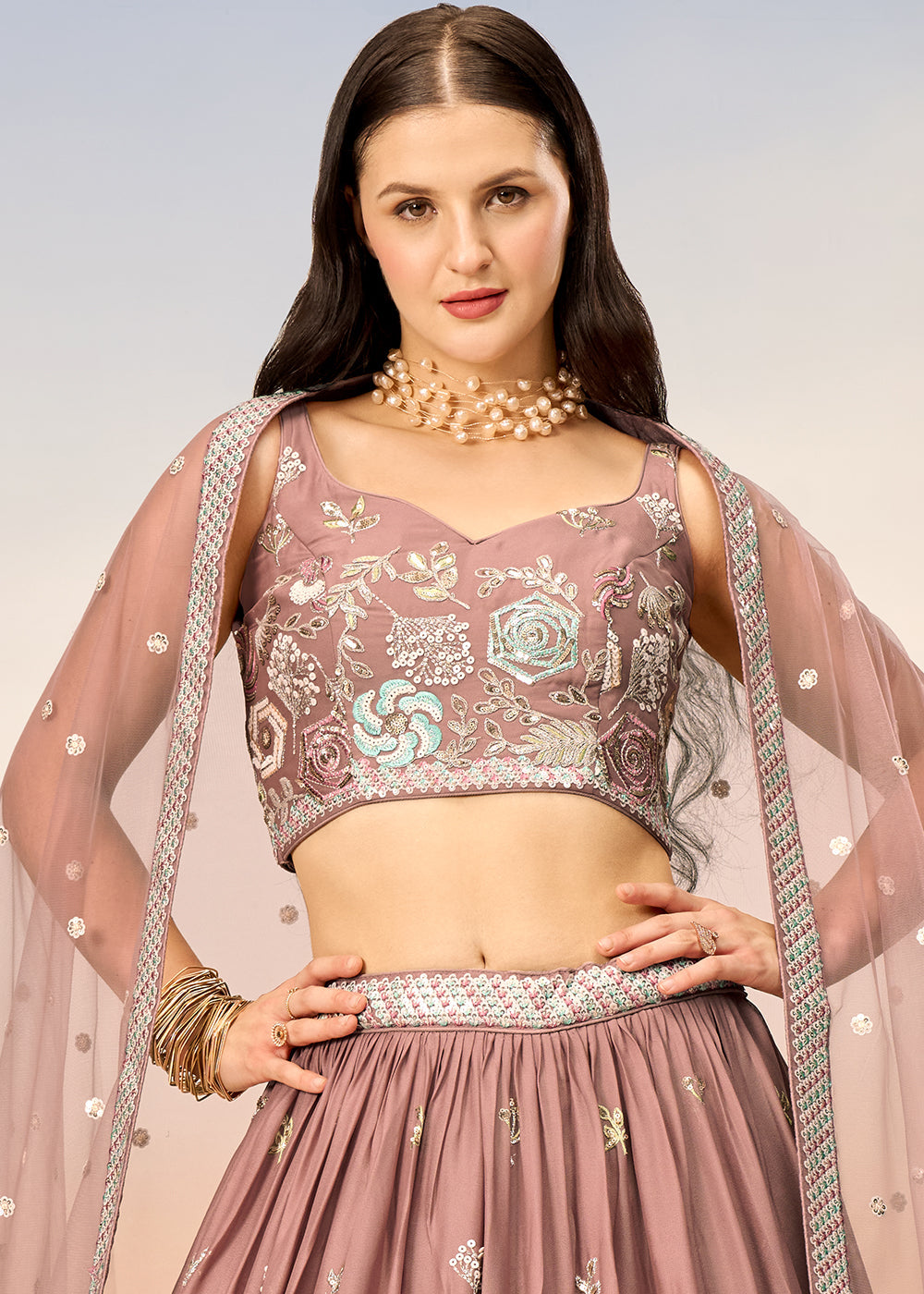 Dark Rose Gold Pink Georgette Lehenga Choli with Sequins work