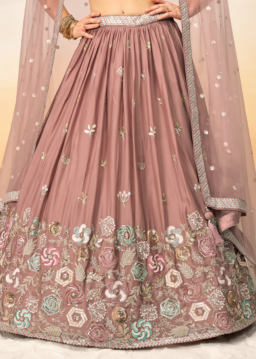 Dark Rose Gold Pink Georgette Lehenga Choli with Sequins work