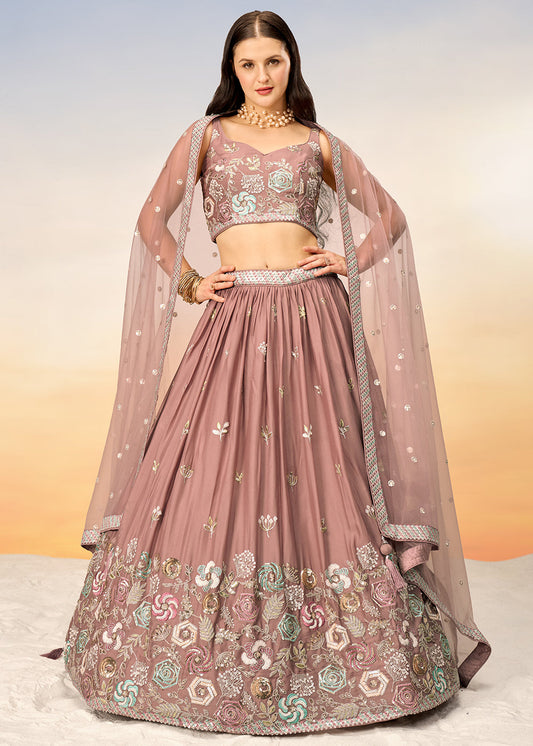 Dark Rose Gold Pink Georgette Lehenga Choli with Sequins work