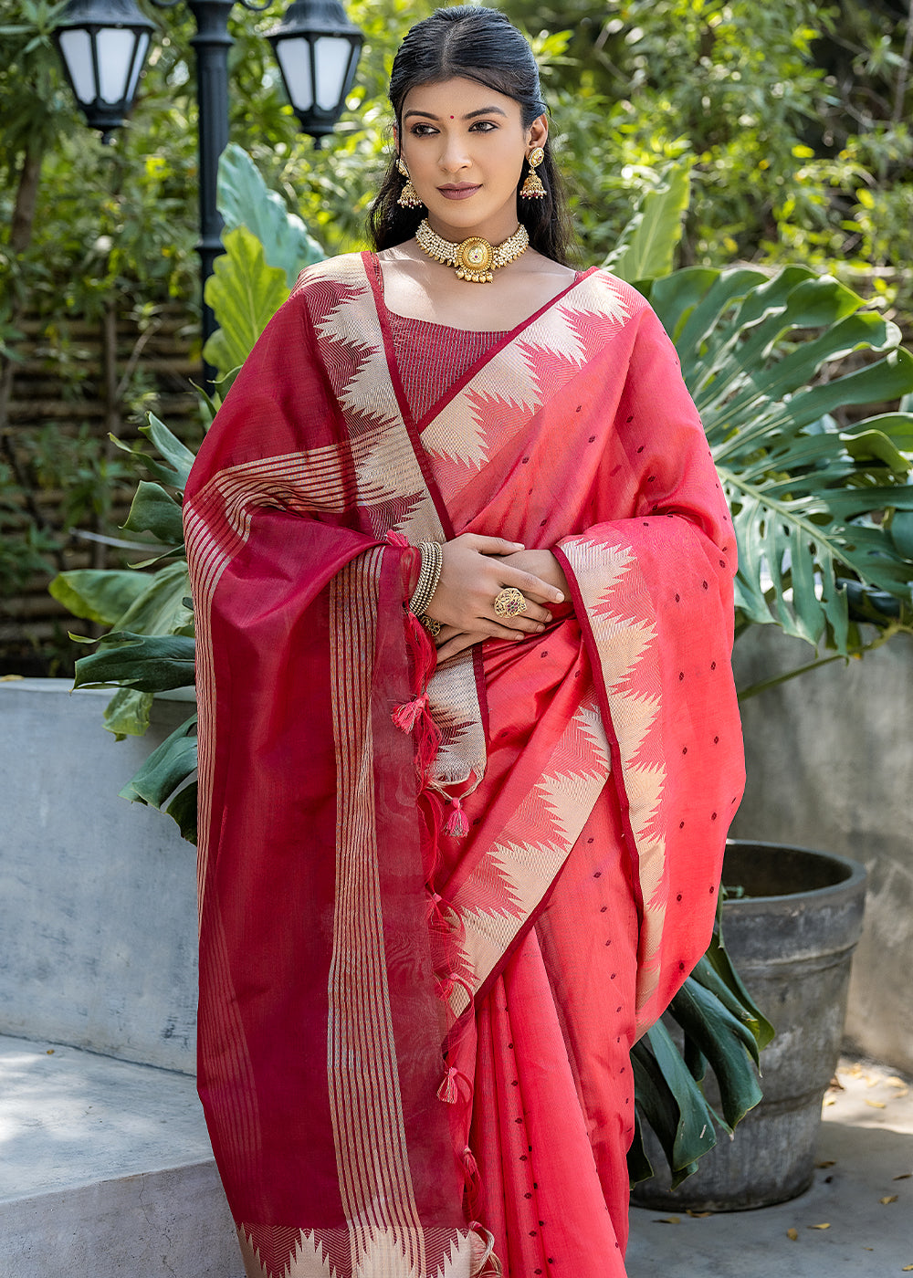 Watermelon Pink Zari Woven Triangle Border Raw Silk Saree with Butti Overall